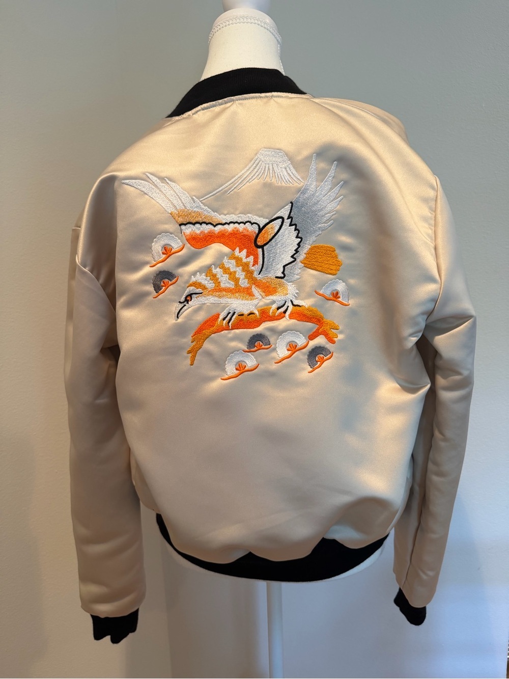 Urban Renewal Cream Satin Embroidered Crane Bomber Jacket with Orange Accents